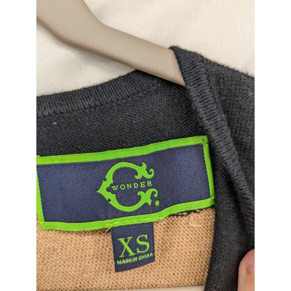 Wonder Knit Sweater XS Beige Black Contrast Collar Wool Keyhole Crew Neck Office - Picture 4 of 8